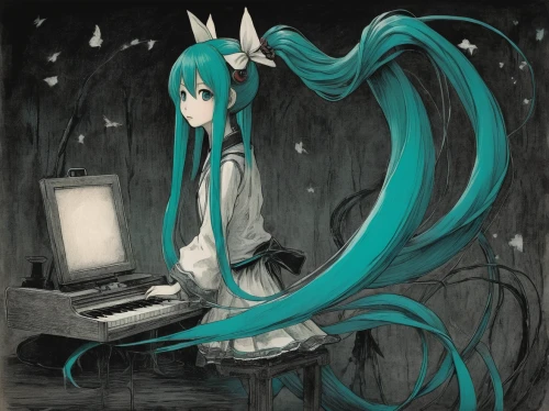 hatsune miku,miku,vocaloid,girl at the computer,pianist,piano,coder,synthesizer,cyan,iris on piano,computer,typing machine,umiuchiwa,listening to music,typesetting,cyber,composer,jazz pianist,internet addiction,composing,Illustration,Black and White,Black and White 23