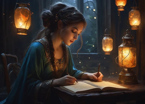 girl studying,mystical portrait of a girl,scholar,fantasy portrait,fantasy art,candlemaker,romantic portrait,writing-book,sci fiction illustration,fantasy picture,to write,learn to write,tutor,meticulous painting,writer,fairy tale character,girl drawing,write,love letter,writing about,Conceptual Art,Fantasy,Fantasy 11