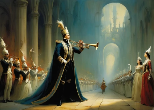 the pied piper of hamelin,pall-bearer,the flute,freemasonry,pied piper,conducting,the order of cistercians,trumpet of jericho,procession,fanfare horn,clergy,the carnival of venice,concertmaster,flautist,trumpet player,benediction of god the father,carmelite order,harp player,philharmonic orchestra,freemason,Illustration,Realistic Fantasy,Realistic Fantasy 16