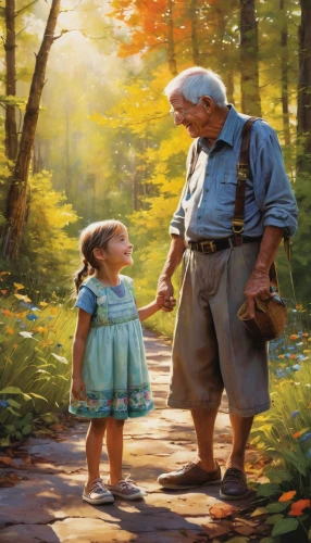 old couple,father with child,grandpa,father and daughter,grandfather,grandparents,grandchild,grandparent,little boy and girl,granddaughter,elderly man,father's love,father daughter,elderly people,older person,elderly person,old age,oil painting on canvas,oil painting,walk with the children,Illustration,Paper based,Paper Based 03