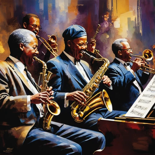 big band,jazz club,musicians,brass band,jazz,musical ensemble,blues and jazz singer,saxophone playing man,jazz it up,saxophone player,sfa jazz,man with saxophone,street musicians,trumpet player,saxophone,instrument music,music band,brass instrument,saxophonist,oil painting on canvas,Illustration,Paper based,Paper Based 03