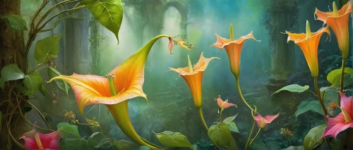 fairy forest,lilies,lilies of the valley,tulip background,angel's trumpets,lillies,fairy world,torch lilies,wild tulips,pond flower,forest flower,fantasy landscape,lilly of the valley,angel trumpets,calla lilies,lily water,lotuses,fantasy picture,flower background,orange lily,Conceptual Art,Daily,Daily 32