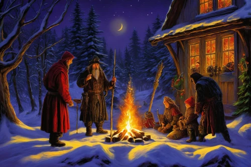 carolers,carol singers,christmas scene,nordic christmas,candlemas,christmas carol,three wise men,the occasion of christmas,the three wise men,christmas carols,winter service,fourth advent,snow scene,third advent,first advent,christmas landscape,birth of christ,winter magic,christmas night,campfires,Illustration,Realistic Fantasy,Realistic Fantasy 32