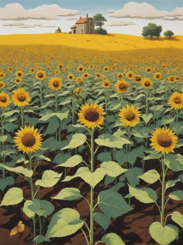 sunflower field,sunflowers,sunflowers and locusts are together,sunflowers in vase,sunflower paper,sunflower coloring,grant wood,sunflower seeds,blooming field,travel poster,flower field,flowers field,helianthus,sun flowers,helianthus sunbelievable,aggriculture,cultivated field,farm landscape,sunflower,field of rapeseeds,Illustration,Paper based,Paper Based 22