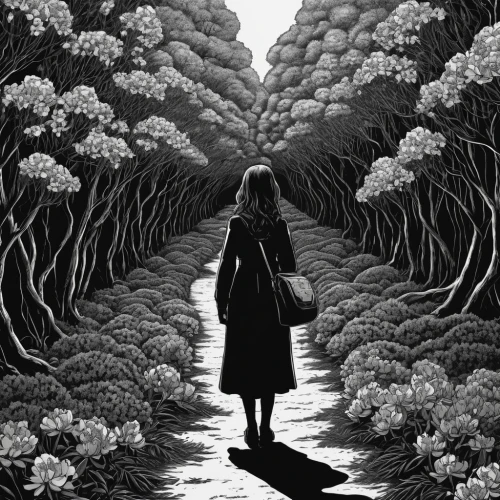 girl walking away,pathway,girl in flowers,towards the garden,way of the roses,woman walking,tunnel of plants,girl with tree,to the garden,girl in the garden,the dark hedges,girl picking flowers,kahila garland-lily,wonderland,chrysanthemum exhibition,the path,garden silhouettes,the mystical path,secret garden of venus,forest of dreams,Illustration,Black and White,Black and White 16