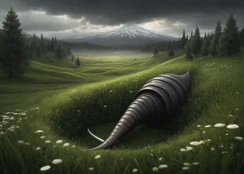 millipedes,scythe,world digital painting,salt meadow landscape,blade of grass,blades of grass,fantasy picture,fantasy landscape,alpine meadow,mushroom landscape,landscape background,sci fiction illustration,post-apocalyptic landscape,mountain meadow,photomanipulation,ringed-worm,photo manipulation,trilobite,fantasy art,mountain paraglider,Illustration,Realistic Fantasy,Realistic Fantasy 17