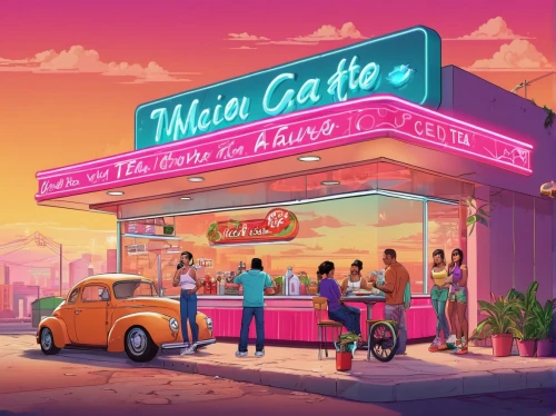 retro diner,electric gas station,neon coffee,car hop,gas-station,retro music,neon candies,drive in restaurant,e-gas station,gasoline,gas station,music store,car salon,cake shop,bobby-car,neon cocktails,neon sign,neon cakes,blogs music,car radio,Illustration,Vector,Vector 19