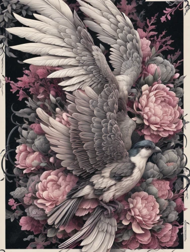 flower and bird illustration,doves of peace,pink and grey cockatoo,doves and pigeons,floral and bird frame,ornamental bird,dove of peace,doves,an ornamental bird,gryphon,pigeons and doves,galah,oriental painting,eagle illustration,peace dove,plumed-pigeon,gray eagle,tapestry,gray bird,coat of arms of bird
