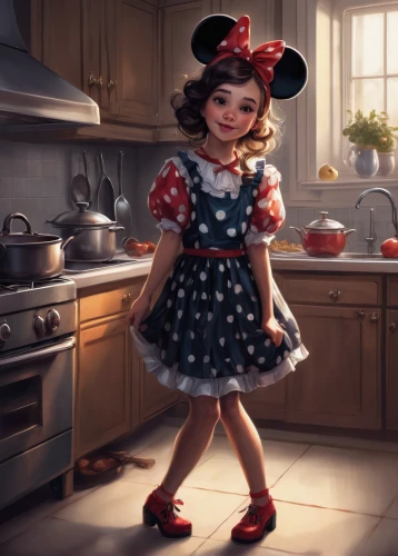 minnie mouse,girl in the kitchen,minnie,doll kitchen,mickey mause,queen of hearts,little girl twirling,cute cartoon character,disney character,cute cartoon image,maraschino,alice,confectioner,micky mouse,red cooking,the little girl,housewife,mickey mouse,fairy tale character,children's background,Conceptual Art,Fantasy,Fantasy 17