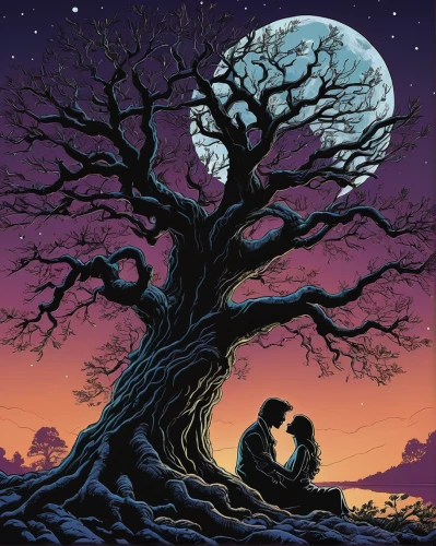 romantic scene,vintage couple silhouette,silhouette art,tree heart,tree of life,couple silhouette,the branches of the tree,honeymoon,magic tree,twilight,couple in love,halloween poster,adam and eve,cherry tree,the girl next to the tree,oak tree,fig tree,loving couple sunrise,romantic night,la violetta,Illustration,American Style,American Style 01