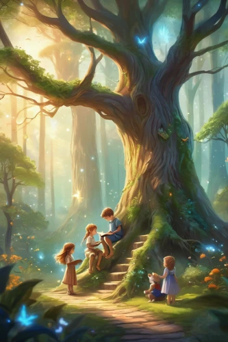 fairy forest,happy children playing in the forest,druid grove,enchanted forest,cartoon forest,fairytale forest,forest of dreams,the forest,chestnut forest,forest glade,fairy world,mushroom landscape,elven forest,fairy village,forest walk,children's fairy tale,in the forest,forest path,children's background,forest,Illustration,Realistic Fantasy,Realistic Fantasy 01