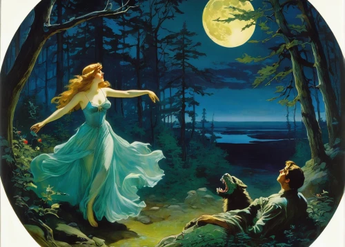 the night of kupala,rusalka,night scene,a fairy tale,romantic scene,moonlit night,fairy tale,fantasy picture,secret garden of venus,fairy tales,enchanted forest,dance of death,children's fairy tale,moonbeam,faerie,full moon day,fairytales,moonlit,the girl in nightie,vintage illustration,Illustration,Retro,Retro 02