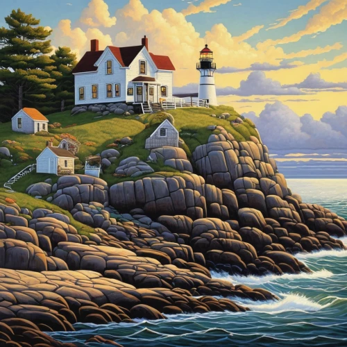 coastal landscape,lighthouse,light house,nubble,thimble islands,maine,sea landscape,new england,home landscape,red lighthouse,fisherman's house,beach landscape,crisp point lighthouse,landscape with sea,bar harbor,motif,landscape background,robert duncanson,electric lighthouse,light station,Conceptual Art,Daily,Daily 33