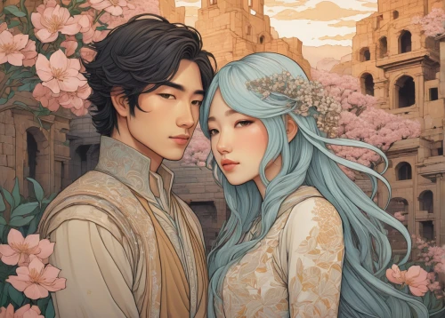 almond blossoms,alhambra,romantic portrait,kimjongilia,young couple,plum blossoms,the cherry blossoms,scent of jasmine,jasmine blossom,blossoms,lily of the desert,blue moon rose,falling flowers,apricot blossom,blue birds and blossom,prince and princess,ao dai,spring blossoms,rem in arabian nights,dry bloom,Illustration,Japanese style,Japanese Style 15