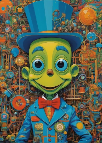 jiminy cricket,leonardo,pinocchio,conductor,pinball,psychedelic art,jigsaw puzzle,johnny jump up,neon carnival brasil,extraterrestrial,jigsaw,oil painting on canvas,orbital,orbit,oil on canvas,tom-tom drum,anthropomorphic,anthropomorphized,bellboy,trombonist,Illustration,Japanese style,Japanese Style 16