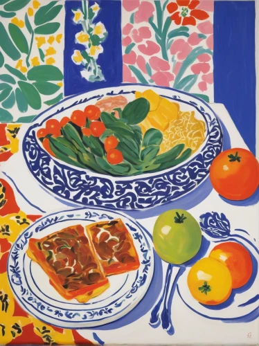 placemat,still life with jam and pancakes,tablecloth,braque francais,spanish tile,sicilian cuisine,fruit plate,khokhloma painting,mediterranean cuisine,tableware,fruit pattern,summer still-life,still-life,iranian cuisine,fruit bowl,eastern european food,small plate,majorelle blue,borscht,food table,Art,Artistic Painting,Artistic Painting 40
