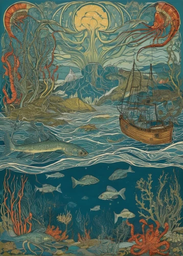 vincent van gough,god of the sea,zodiac,the people in the sea,sea fantasy,tapestry,sea god,the bottom of the sea,el mar,poseidon,sea monsters,kraken,under the sea,exploration of the sea,mermaid background,deep sea,marine biology,ocean floor,sea,open sea,Art,Artistic Painting,Artistic Painting 07