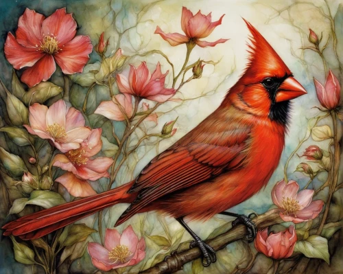 red cardinal,cardinals,cardinal,bird painting,crimson finch,rosella,northern cardinal,red bird,red finch,flower and bird illustration,red beak,spring bird,bird flower,finch,ornamental bird,an ornamental bird,songbirds,red headed finch,red avadavat,nature bird,Illustration,Realistic Fantasy,Realistic Fantasy 14