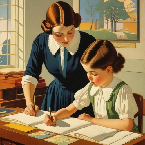children studying,tutor,montessori,school children,home schooling,tutoring,children learning,children drawing,girl at the computer,girl studying,homeschooling,child writing on board,correspondence courses,the girl studies press,school enrollment,1940 women,eading with hands,bookkeeper,home learning,little girl and mother,Illustration,Retro,Retro 15