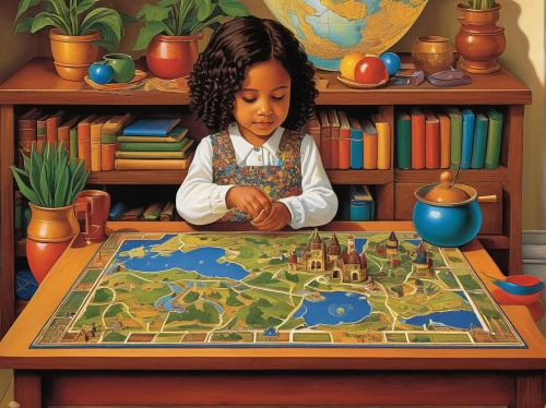 board game,jigsaw puzzle,montessori,little girl reading,children learning,girl studying,tabletop game,educational toy,puzzle,children's room,children's background,home schooling,cartography,children drawing,playing room,playmat,town planning,game illustration,child with a book,african map,Conceptual Art,Daily,Daily 33