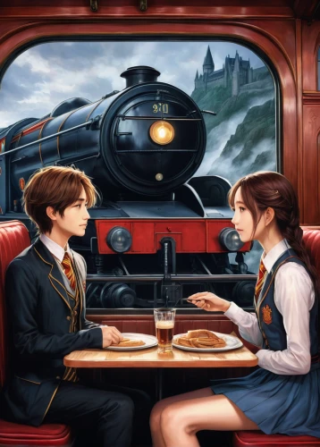 hogwarts express,hogwarts,special train,harry potter,train ride,children's railway,last train,the train,vintage boy and girl,sci fiction illustration,boy and girl,long-distance train,potter,romantic meeting,train,cg artwork,little boy and girl,train of thought,magical adventure,locomotive,Illustration,Japanese style,Japanese Style 18
