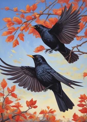 brewer's blackbird,blackbirds,red winged blackbird,bird painting,jackdaws,red-winged blackbird,songbirds,great-tailed grackle,birds on branch,birds on a branch,currawong,humming birds,birds in flight,starlings,corvidae,hummingbirds,humming bird pair,murder of crows,boat tailed grackle,bird migration,Illustration,Japanese style,Japanese Style 13