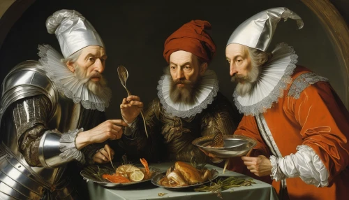 gnomes at table,cholent,cookery,three wise men,dwarf cookin,silver cutlery,the three wise men,utensils,mediterranean cuisine,sicilian cuisine,jewish cuisine,gastronomy,food and cooking,viennese cuisine,recipes,tudor,foodies,holbein,cooking book cover,knife and fork,Art,Classical Oil Painting,Classical Oil Painting 37