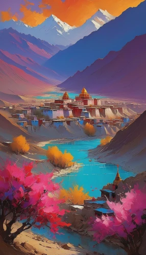 desert landscape,desert desert landscape,purple landscape,fantasy landscape,flowerful desert,mountain village,ladakh,landscape background,mountain settlement,oasis,mountain landscape,river landscape,world digital painting,coastal landscape,desert,home landscape,tibet,landscape,himalaya,futuristic landscape,Conceptual Art,Sci-Fi,Sci-Fi 22