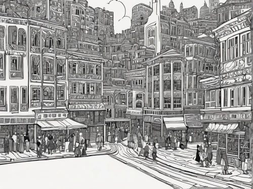 mono-line line art,eastgate street chester,townscape,harrods,grand bazaar,mono line art,concept art,old street,city scape,york,brighton,newcastle upon tyne,shoreditch,china town,chinatown,street scene,london buildings,hand-drawn illustration,paris shops,july 1888,Illustration,Black and White,Black and White 21