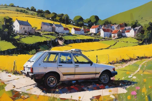 tata sumo,rural landscape,citroën acadiane,land rover discovery,suzuki jimny,exmoor,north yorkshire moors,dacia duster,peak district,austin 1800,dorset,pajero,rural,ford escape,cornwall,2cv,yellow car,renault 5,lada niva,suitcase in field,Conceptual Art,Oil color,Oil Color 07