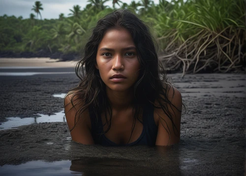 polynesian girl,black sand,rabaul,polynesian,deserted island,reunion island,maori,samoa,farofa,kalua,tahiti,mangroves,filipino,hula,moorea,moana,dark beach,beach background,mahé,girl on the river,Conceptual Art,Oil color,Oil Color 05