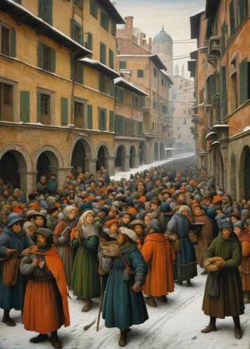 the pied piper of hamelin,monks,pilgrims,medieval market,large market,the market,procession,pied piper,street scene,the carnival of venice,trinità dei monti,medieval street,italian painter,shrovetide,carol singers,hamelin,lucca,souk,candlemas,dervishes,Art,Classical Oil Painting,Classical Oil Painting 34