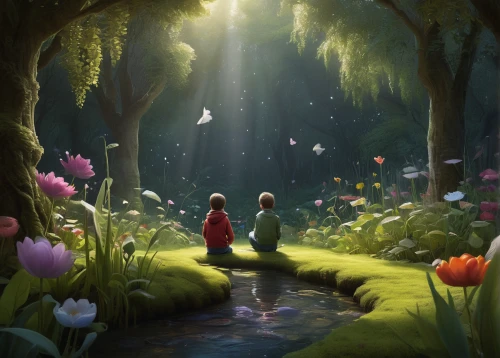 fairy forest,fairy world,forest of dreams,alice in wonderland,wonderland,enchanted forest,fairytale forest,a fairy tale,fairy tale,tulip field,studio ghibli,fantasy picture,fireflies,forest path,enchanted,fairytale,the forest,tulip festival,way of the roses,fairy village,Conceptual Art,Sci-Fi,Sci-Fi 25