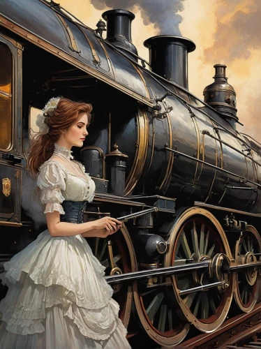 wedding dress train,victorian lady,train of thought,locomotive,steam locomotive,steam train,the girl at the station,steam locomotives,locomotion,ghost locomotive,the victorian era,victorian style,railroad,the train,southern belle,steam engine,steampunk,train,tender locomotive,full steam,Illustration,Paper based,Paper Based 05