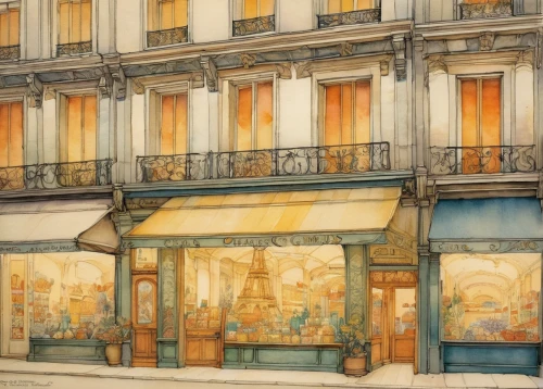 watercolor paris shops,watercolor paris,paris shops,art nouveau,watercolor paris balcony,watercolor shops,facade painting,watercolor tea shop,store fronts,storefront,french windows,store front,art nouveau frames,paris cafe,facades,shop-window,paris,department store,vitrine,art nouveau design,Illustration,Retro,Retro 19