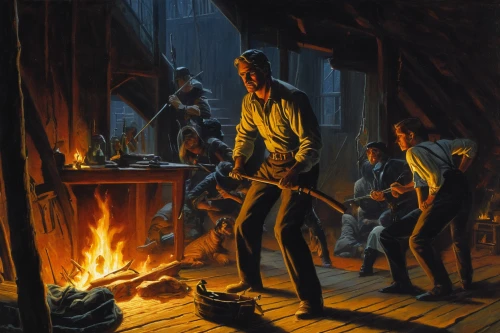 blacksmith,forest workers,smelting,pilgrims,steelworker,campfires,quarterstaff,workers,tinsmith,farrier,brick-making,iron pour,a carpenter,boy scouts of america,chimney sweep,miners,carpenter,shoemaker,the labor,firewood,Illustration,Retro,Retro 14