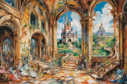 church painting,hamelin,hall of the fallen,hohenzollern castle,matthias church,fairy tale castle sigmaringen,ruins,hogwarts,hohenzollern,castle of the corvin,neuschwanstein,murals,medieval architecture,castelul peles,ulm minster,gothic architecture,meticulous painting,fairy tale castle,schwabentor,cinderella's castle,Conceptual Art,Oil color,Oil Color 18