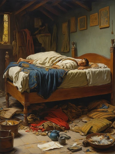 woman on bed,sleeping room,the little girl's room,bedroom,woman laying down,bedding,girl in bed,children's bedroom,partiture,asher durand,morning after,comforter,adolphe,samaritan,attic,the girl is lying on the floor,four-poster,danish room,bed,sleeping,Art,Classical Oil Painting,Classical Oil Painting 23