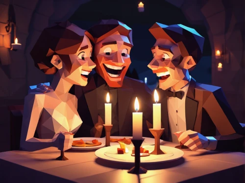 candle light dinner,dinner party,romantic dinner,shabbat candles,game illustration,candlelight,carolers,candle light,candlelights,romantic night,celebration of witches,family dinner,candlestick for three candles,a party,carol singers,religious celebration,drinking party,hannukah,exclusive banquet,candles,Unique,3D,Low Poly