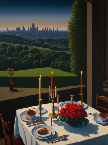 romantic dinner,grant wood,dinner party,evening atmosphere,dining table,dining room,table setting,dining,red tablecloth,place setting,fine dining restaurant,breakfast table,dinner for two,romantic night,diner,overlook,outdoor dining,tablescape,summer evening,surrealism,Art,Artistic Painting,Artistic Painting 30
