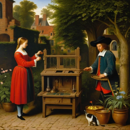 the annunciation,work in the garden,young couple,courtship,bellini,girl picking apples,woman playing,girl in the garden,the garden society of gothenburg,meticulous painting,tudor,woman holding pie,candlemaker,serenade,woman eating apple,girl picking flowers,winemaker,girl with dog,hunting scene,gardener,Art,Classical Oil Painting,Classical Oil Painting 41