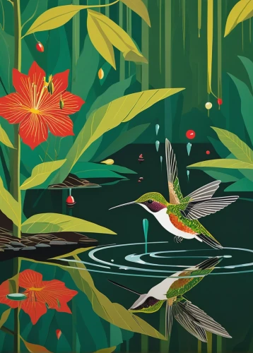 flower and bird illustration,tropical birds,pond flower,tropical bird,bird of paradise,bird illustration,humming bird pair,green-tailed emerald,lily pond,humming birds,humming bird,bird painting,small wading birds,wetland,wading bird,scarlet ibis,marsh bird,sunbird,lotus pond,lilly pond,Illustration,Vector,Vector 13