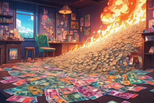 burning money,burn banknote,burn money,newspaper fire,dollar burning,destroy money,pile of books,pile of newspapers,finances,fire background,collapse of money,paper consumption,money rain,paperwork,burning house,fireplace,stack of paper,burnt pages,stack of books,debt spell,Illustration,Japanese style,Japanese Style 03