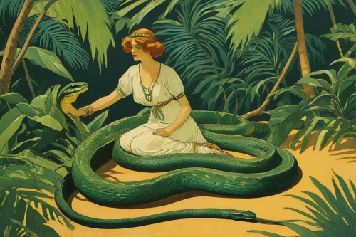 snake charming,vintage illustration,serpent,snake charmers,crocodile woman,green snake,green mamba,anahata,monstera,anaconda,green tree python,emperor snake,lilian gish - female,illustration,green dragon,book illustration,asclepius,reptiles,emerald lizard,green tree snake,Illustration,Retro,Retro 07