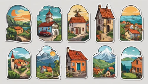 houses clipart,wooden houses,cottages,houses silhouette,houses,fairy tale icons,villages,birdhouses,hanging houses,house keys,stone houses,wooden tags,glass bottles,blocks of houses,half-timbered houses,row of houses,set of icons,mountain huts,icelandic houses,postcards,Unique,Design,Sticker