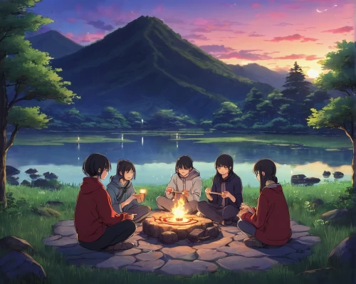 campfire,firepit,tea ceremony,tea-lights,picnic,festival,lily family,outdoor cooking,campfires,japanese shrine,the night of kupala,camp fire,bonfire,ceremony,campsite,shrine,lanterns,magi,tea lights,frog gathering,Illustration,Japanese style,Japanese Style 12