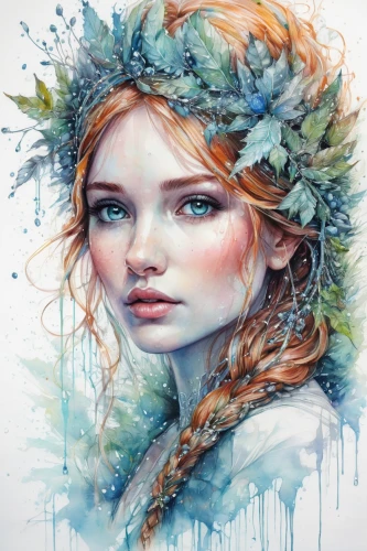 faery,faerie,the snow queen,boho art,fantasy portrait,dryad,fairy queen,flower fairy,watercolor women accessory,fae,fantasy art,white rose snow queen,fairy peacock,flora,girl in flowers,mystical portrait of a girl,girl in a wreath,suit of the snow maiden,illustrator,ice queen,Illustration,Paper based,Paper Based 13