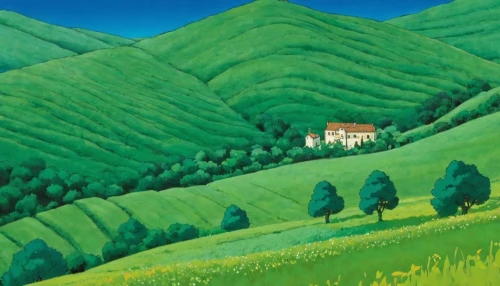 green landscape,tuscan,home landscape,rural landscape,green fields,rolling hills,farm landscape,hills,sonoma,the hills,green meadow,green valley,landscape,campagna,green meadows,hillside,meadow landscape,piemonte,khokhloma painting,tuscany,Illustration,Japanese style,Japanese Style 14