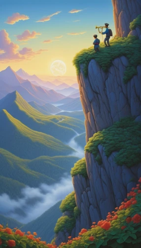 mountain scene,meteora,studio ghibli,mountain landscape,mountainous landscape,alpine crossing,mountain world,japanese mountains,mount scenery,mountain sunrise,landscape background,autumn mountains,high landscape,cartoon video game background,moc chau hill,mountain valley,mushroom landscape,mountain cows,mountains,guards of the canyon,Illustration,Realistic Fantasy,Realistic Fantasy 26