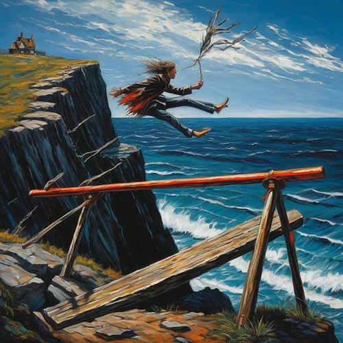 tightrope walker,tightrope,broomstick,wind surfing,trolltunga,hang-glider,hunting scene,slacklining,men climber,teeter-totter,cable skiing,mountaineer,windsurfing,take-off of a cliff,wind warrior,hang glider,montgolfiade,wind finder,scythe,longbow,Illustration,Realistic Fantasy,Realistic Fantasy 33